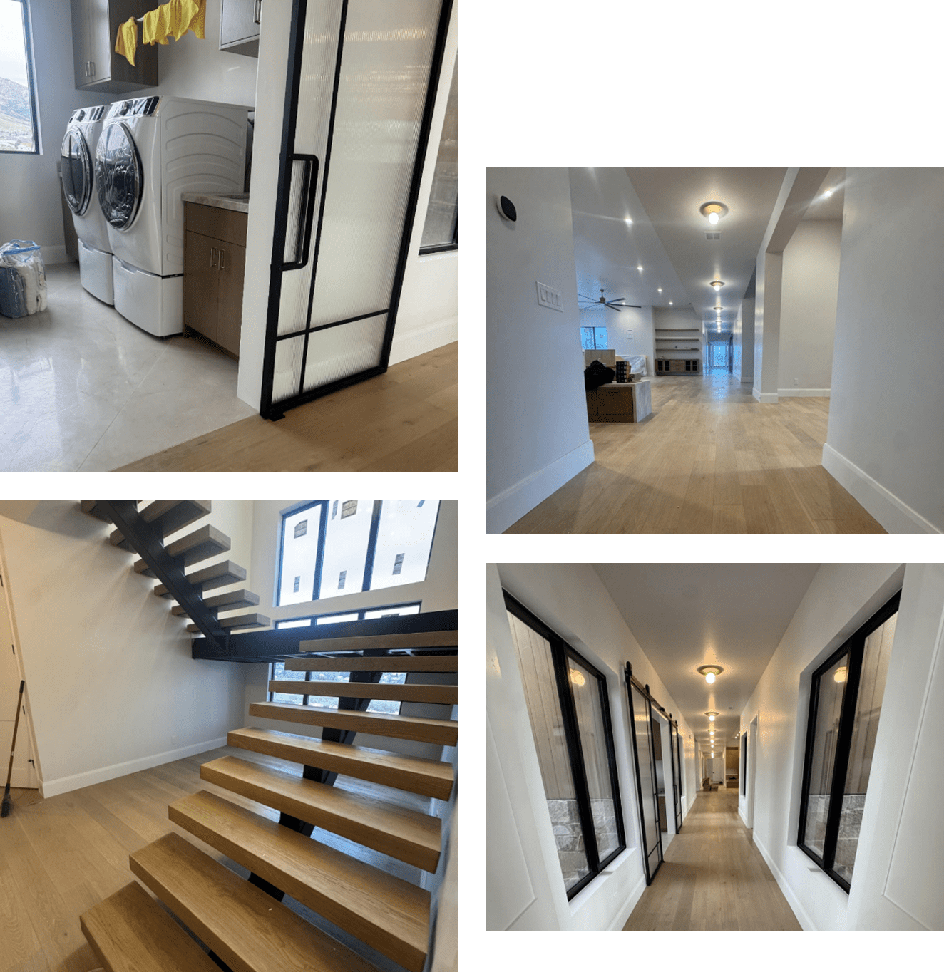 Modern home interior with staircase, laundry area, and hallway.