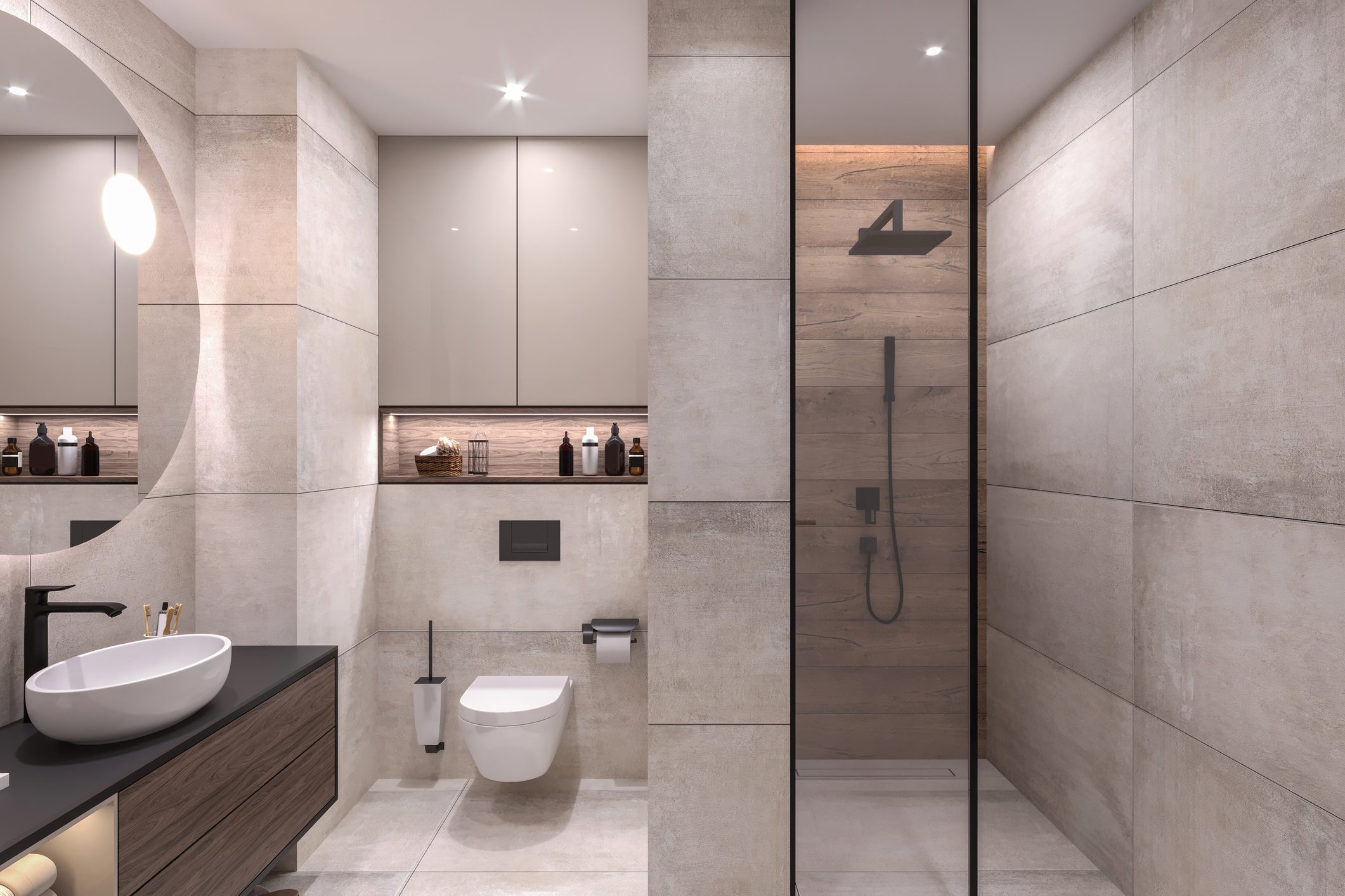 Modern bathroom with shower, toilet, and storage cabinets in neutral tones.