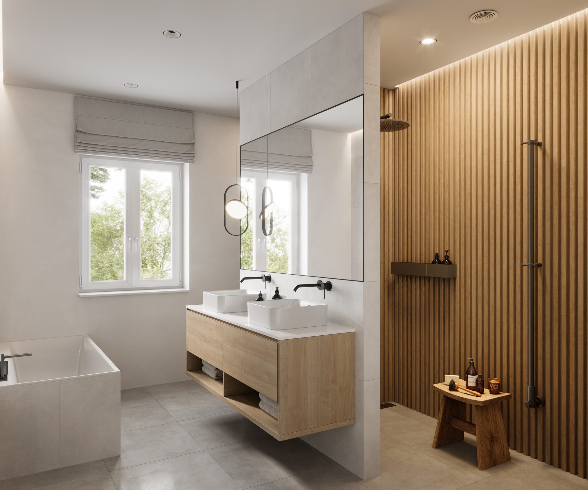 Modern bathroom with wooden accents and a floating vanity.