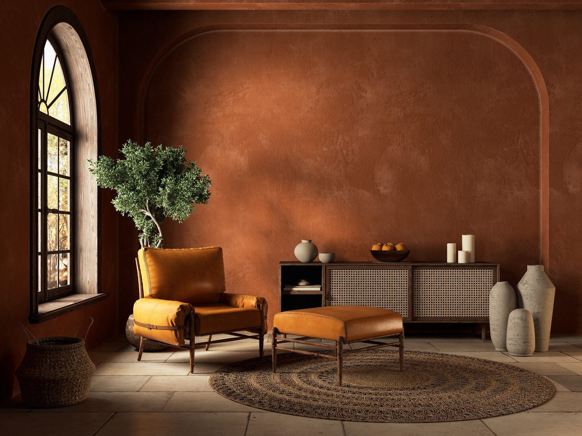 Warm, cozy living room with orange accents and natural decor.