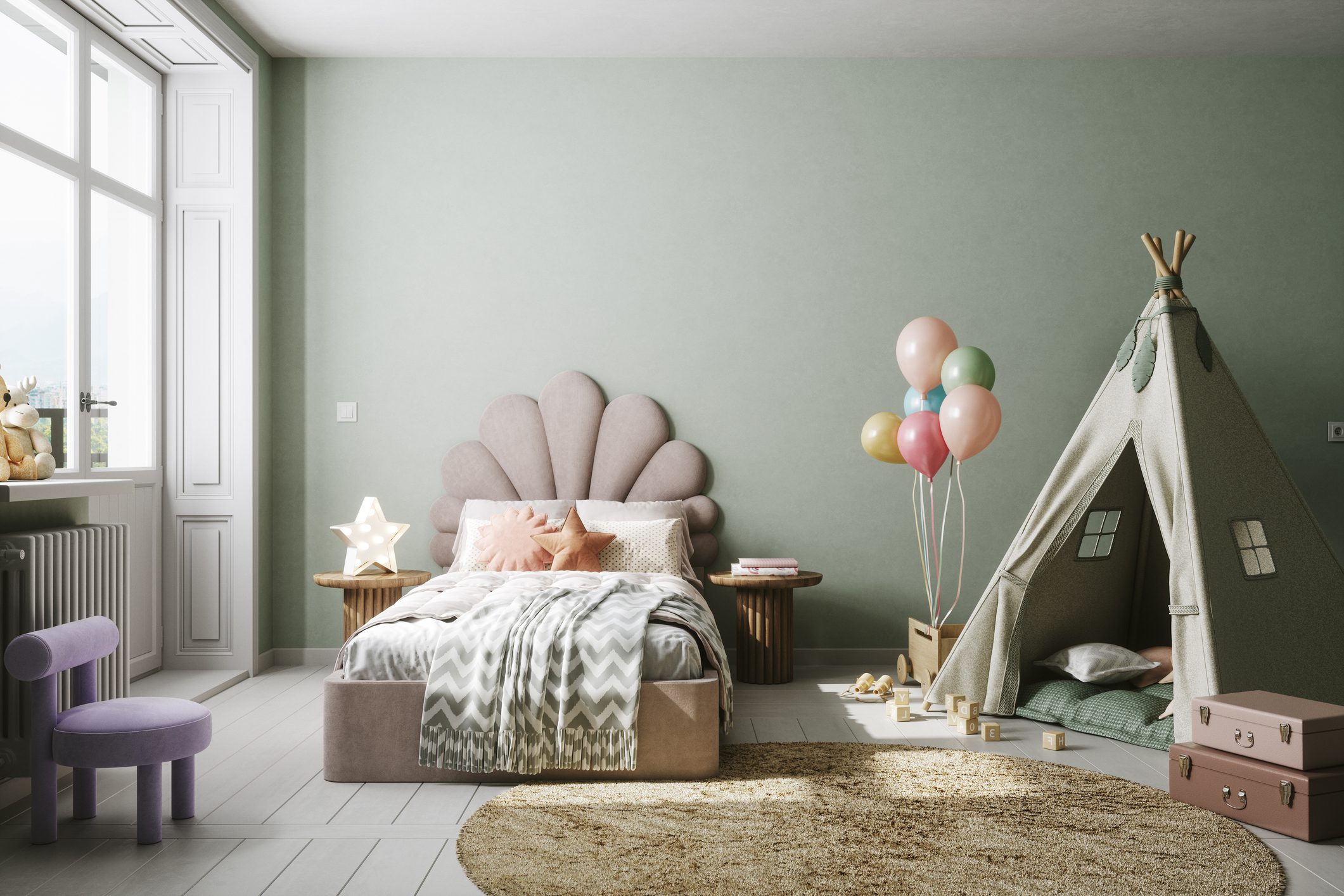 Cozy bedroom with a seashell-shaped pink bed and playful decor.