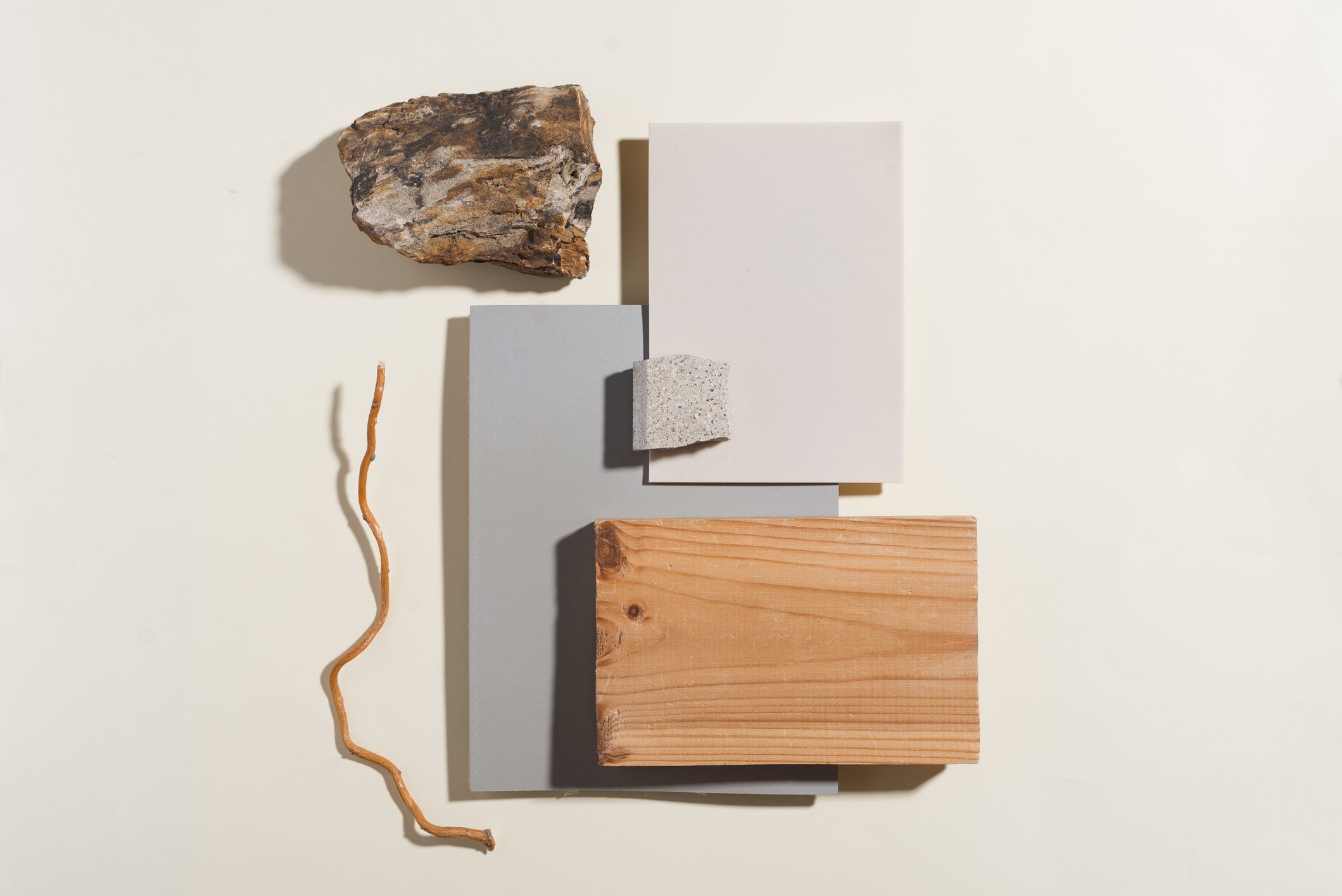 Natural and wooden elements arranged neatly on a light background.