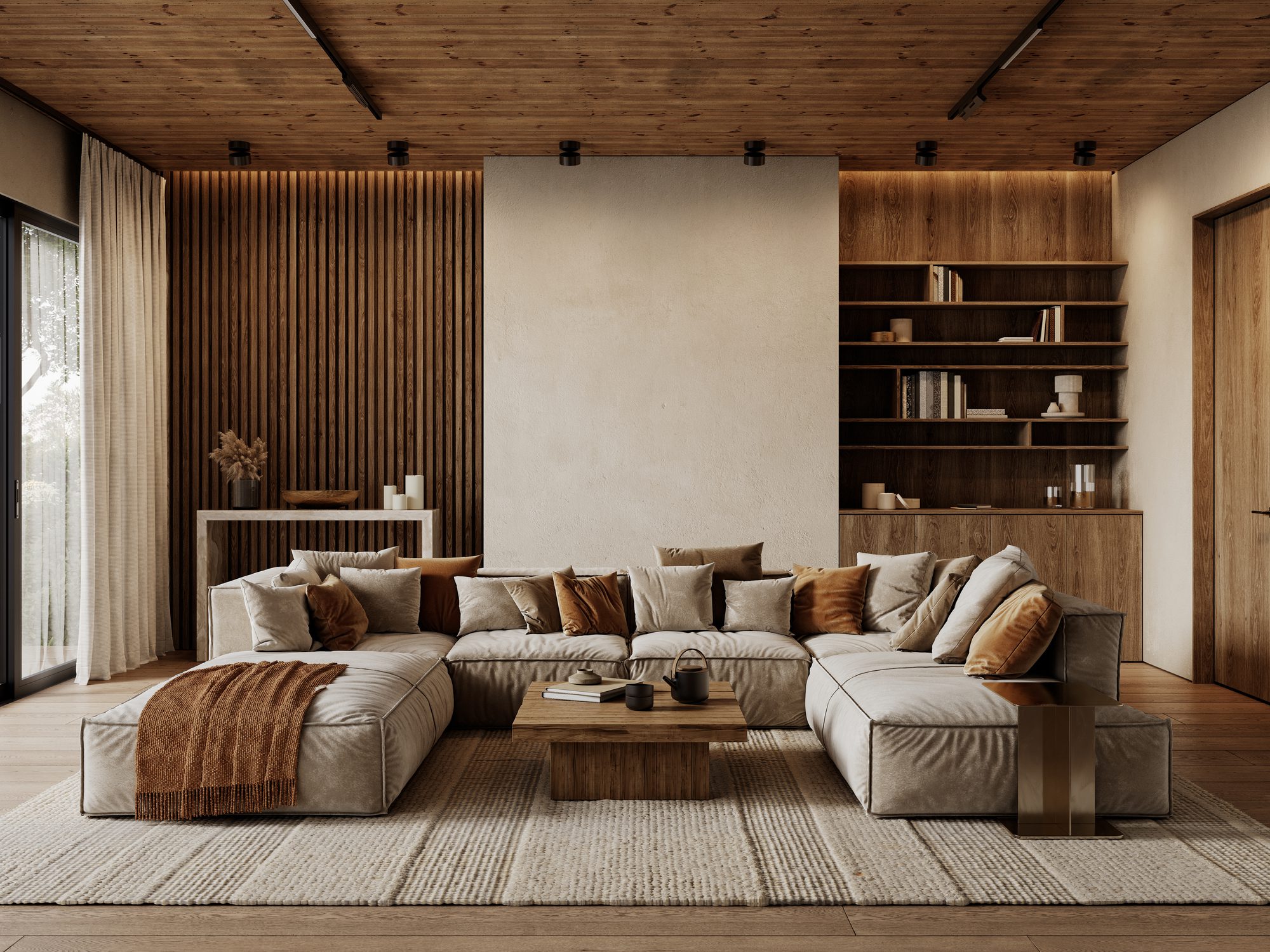 Cozy modern living room with neutral tones and wooden accents.